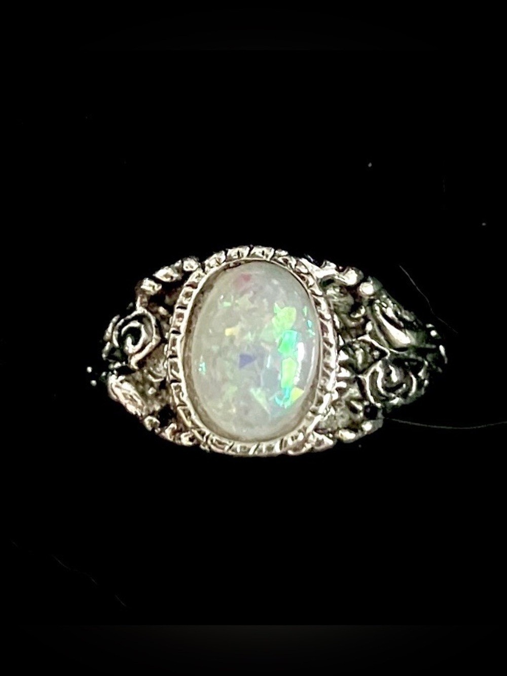 Sterling Silver Opal-Effect Oval Filigree Ring - White